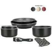 Herzberg Batterie de cuisine revêtement pierre avec manche amovible 7 pièces carbonne HG8053-CAR