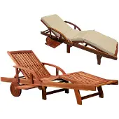 Deuba Chaise longue Tami Sun en bois d'acacia Transat pliable avec coussin crème roues dossier repose pieds réglable