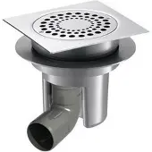 Delabie Vidange pour sol brut 150x150 H réglable, raccord coudé hori. D50