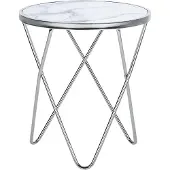 Beliani Table d'appoint Blanc Argent Verre de sécurité Métal 50 x 55 cm Pieds en V Table basse Brillant Aspect marbre Rond Moderne
