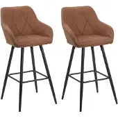 Beliani Lot de 2 tabourets de bar tissu marron rembourré avec accoudoirs Dossier matelassé Pieds en métal noir