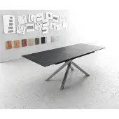 DELIFE Table-à-manger Edge 180-220x100cm Laminam céramique gris pieds milieu croisé argent