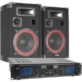 Skytec Set DJ - Set DJ 500W avec amplificateur, haut-parleurs et câble de haut-parleur. Parfait pour le DJ, Meuble DJ, Noir