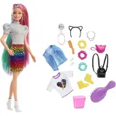 Barbie Poupée léopard aux cheveux arc-en-ciel avec effet de changement de couleur, 16 accessoires