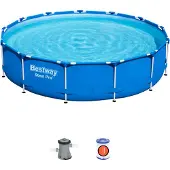 Bestway Steel Pro Ensemble de piscine à cadre avec pompe de filtration Ø 396 x 84 cm, bleu, rond