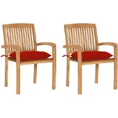 vidaXL Chaises de jardin 2 pcs. avec coussins rouges en teck massif