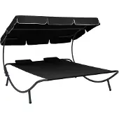 vidaXL Bain de soleil de jardin avec toit solaire et coussin Noir