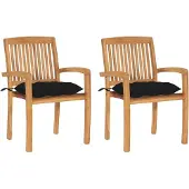 vidaXL Chaises de jardin 2 pcs. avec coussins noirs en teck massif