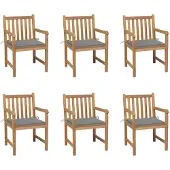 vidaXL Chaises de jardin 6 pcs. avec coussins gris teck massif