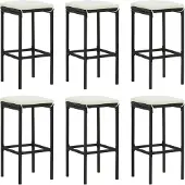vidaXL Tabouret de bar avec coussin 6 pcs. noir poly rotin