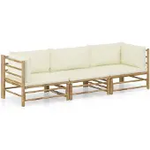 vidaXL Salon de jardin 3 pcs avec coussins blanc crème bambou
