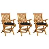 vidaXL Chaises de jardin avec coussins noirs 3 pcs. Bois massif teck