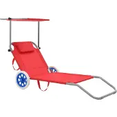vidaXL Chaise longue pliable avec protection solaire et roues Acier rouge