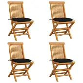 vidaXL Chaises de jardin avec coussins noirs 4 pcs. Bois massif teck