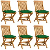 vidaXL Chaises de jardin avec coussins verts 6 pcs. Bois massif teck