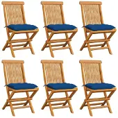 vidaXL Chaises de jardin avec coussins bleus 6 pcs. Bois massif teck