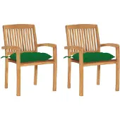 vidaXL Chaises de jardin 2 pcs. avec coussins verts en teck massif