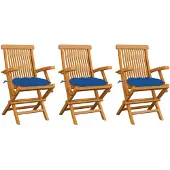 vidaXL Chaises de jardin avec coussins bleus 3 pcs. Bois massif teck