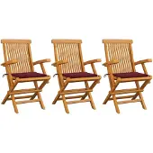 vidaXL Chaises de jardin avec coussins bordeaux 3 pcs. Bois massif teck