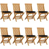 vidaXL Chaises de jardin avec coussins noirs 8 pcs. Bois massif teck