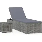 vidaXL Chaise longue avec support et table de thé Poly rotin gris