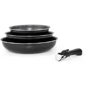 Arthur Martin Ensemble de 3 poêles à frire - - AM130 - noir - Compatible tous feux, y compris induction - 20/24/28 cm + 1 poignée - Aluminium