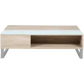 Ebuy24 Allan Table de salon avec espace de rangement, en, finition chêne avec plateau en verre blanc et une structure en métal.