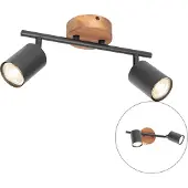 QAZQA Spot industriel noir avec bois inclinable 2 lumières - Jeana