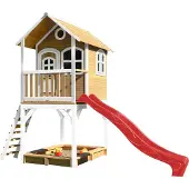 Axi Sarah Maison Enfant Avec Bac À Sable & Toboggan Rouge | Aire De Jeux Pour L'Extérieur En Marron & Blanc | Maisonnette / Cabane De Jeu En Bois