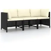 vidaXL Canapé de jardin 3 places avec coussins Noir Poly Rattan