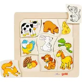 Goki Puzzle Jigsaw en bois qui mange quoi? (Allemand, Anglais, Français, Italien)