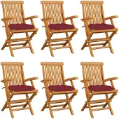 vidaXL Chaises de jardin avec coussins bordeaux 6 pcs. Bois massif teck