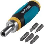 Wolfcraft 1237000 1 Mini-tournevis à Cliquet avec Aimant, Emmanchement 6 Pans de 6,3 (1/4"), 5 Embouts Dans Le Chargeur Fente 0,6 X 4,5 Mm - 1,0 X 5,5 Mm + Phillips 1-2 - 3