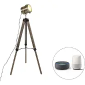 QAZQA Lampadaire intelligent trépied en bois avec spot studio incl. Wifi B35 - Braha