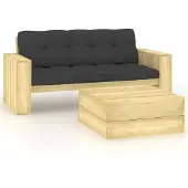 DKD Home Decor ensemble salon de jardin 2 pièces avec coussins Pin imprégné