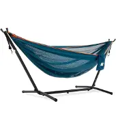 VIVERE Hamac - - Maille - Bleu/Orange - Support En Acier - 2 Personnes - 180 Kg
