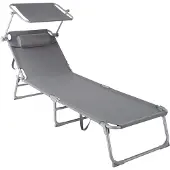 TecTake - chaise longue, robuste, réglable, base en acier avec parasol, dossier à 4 positions avec coussin, chaise de plage Idéal pour le jardin, la piscine, le camping - gris