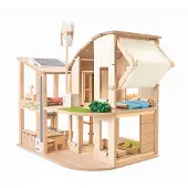 PlanToys Jouets en bois Maison de poupée verte avec meubles
