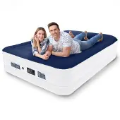LifeGoods Matelas gonflable – – 2 personnes – pompe intégrée – sac de transport et kit de réparation inclus – blanc/bleu