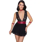 Cotelli collection Bondage Babydoll dentelle noir avec col bondage