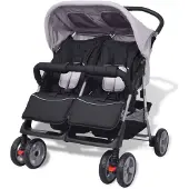 vidaXL Poussette jumelle acier gris et noir