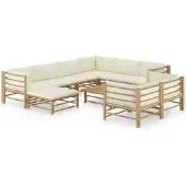 vidaXL Ensemble de salon de jardin 10 pièces avec coussins blanc crème en bambou