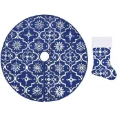 vidaXL Jupe de sapin de Noël de luxe avec chaussette Bleu 122 cm Tissu
