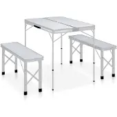 vidaXL Table de camping pliante avec 2 bancs Aluminium Blanc