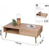AC-DÉCO Table basse BALI sur pieds 1 tiroir - Cannage rotin - Effet bois clair - 110 x 59 x H 39.5 cm