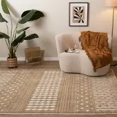 FRAAI Tapis lavable - Dunya Geo Beige/Blanc | 140x200 cm | Rectangulaire | Pile courte
