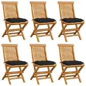 vidaXL Chaises de jardin avec coussins noirs 6 pcs. Bois massif teck