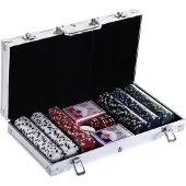 HOMCOM Pokerkoffer pokerset pokerchips 4/5 kleuren 2x kaartspel 5x dobbelstenen 1x aluminium koffer