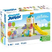 Playmobil Junior 71703 Aire de jeux avec toboggan géant. Comprend cinq figurines, un toboggan et des accessoires. À partir de 1 an.