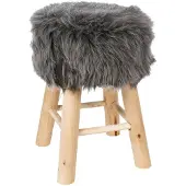 Atmosphera Tabouret En Bois Et Fourrure Synthétique H 42 Cm Coloris Gris